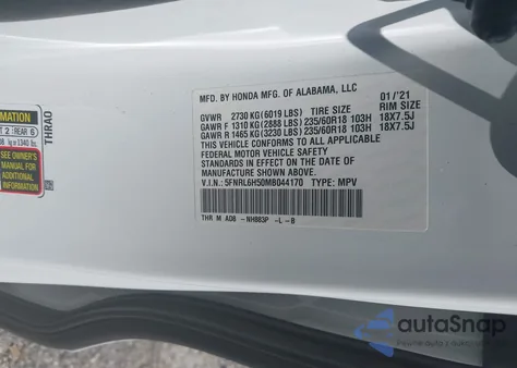 2021 Honda Odyssey Ex z USA, uszkodzony, nr VIN 5FNRL6H50MB044170
